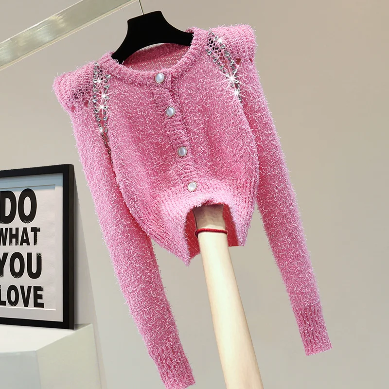 High Solid Color Waist Female Sweaters 2023 New Autumn Winter Diamond Long-sleeved Corp Knitted Top Cutout Pink Women Jumpers