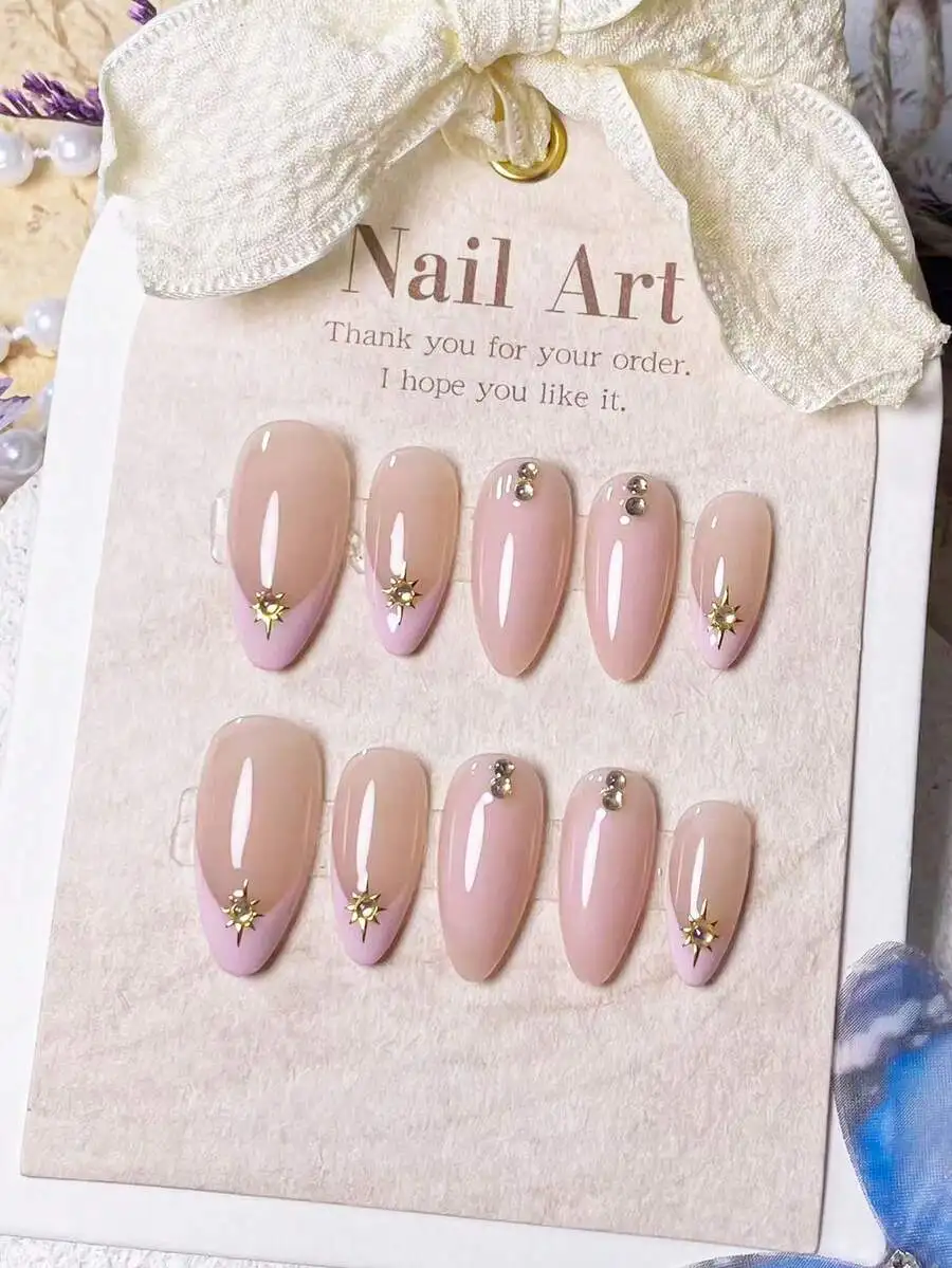 

10pcs Handmade Almond Nude Blush Octagonal Starburst Gold Mirror Powder 3D French Cute Minimalist Elegant False Nails Nail Suppl