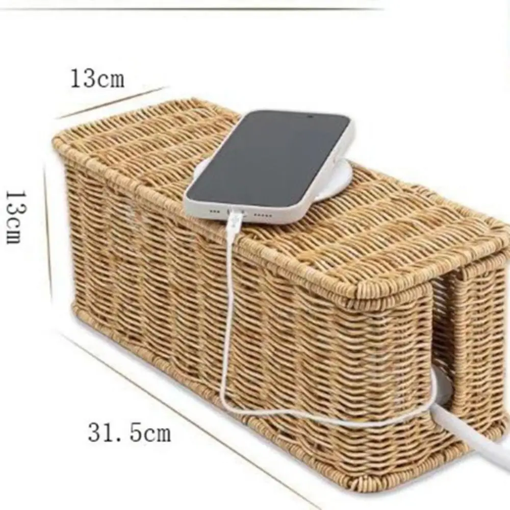 Handwoven Cable Management Box with Lid Hide Power Strip and Router Cord Organizer Hider Box 2 Open Slots Imitation Rattan Box