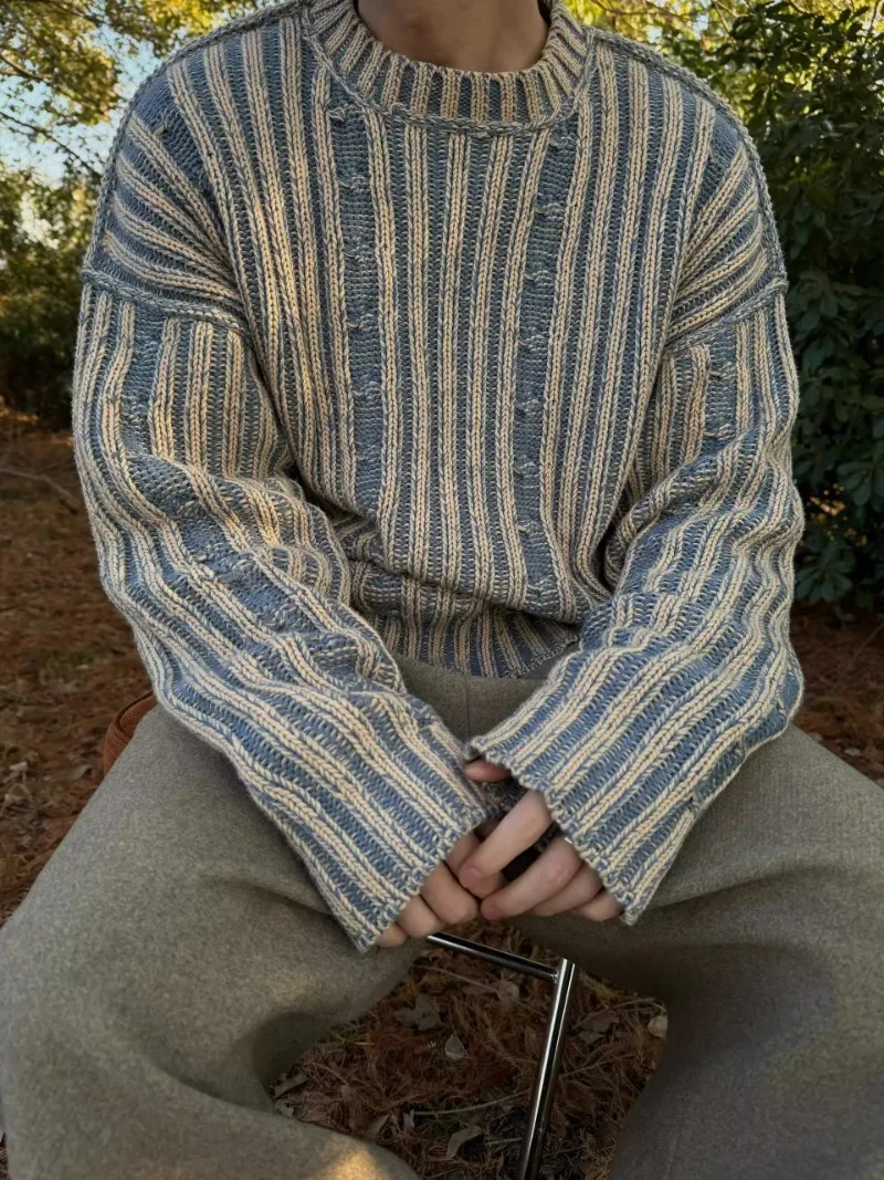 

Two Sided High-end Sweater Men's Korean Style Retro Striped Contrasting Round Neck Casual Couple Knitted Pullover Male Clothing