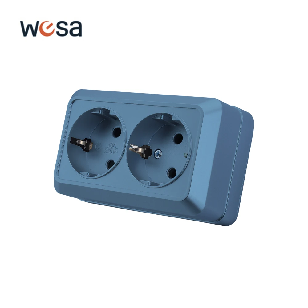 WESA Blue Wall Surface 2 Socket Plug EU Exterior Electrical Outlets With Ground Power Socket Flame Retardant Paint Plastic