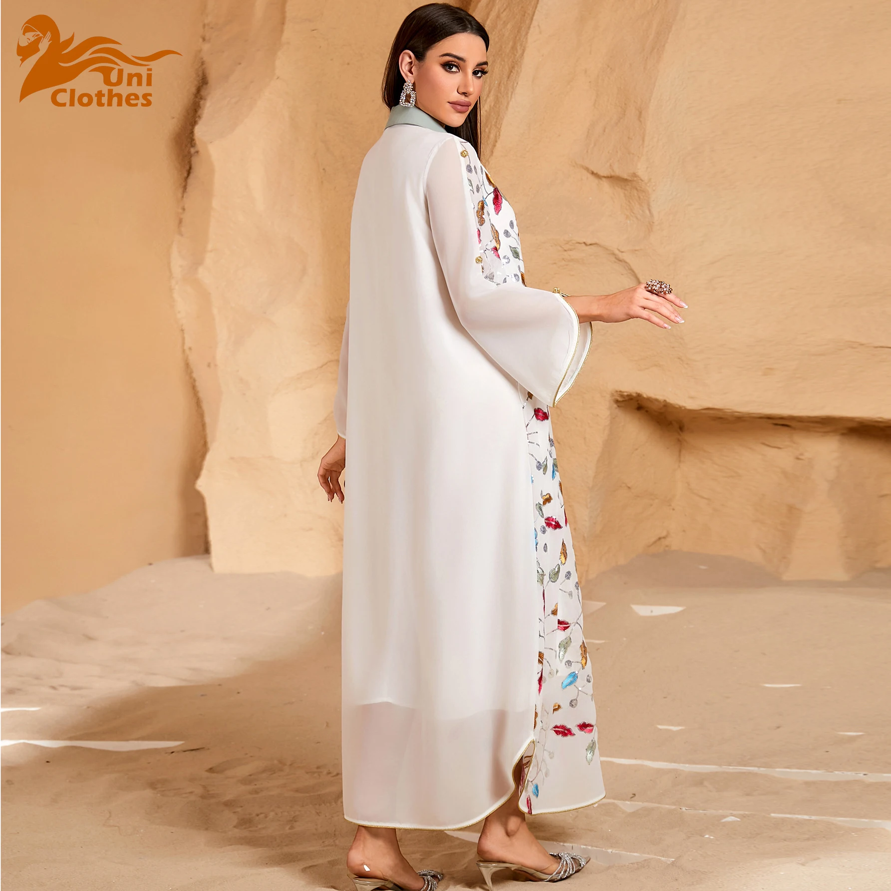 

UNI Dubai Sequins Embroideried Abaya For Muslim Woman Lapel Collar Loose Moroccan Saudi Kaftan Elegant Casual Arab Robe