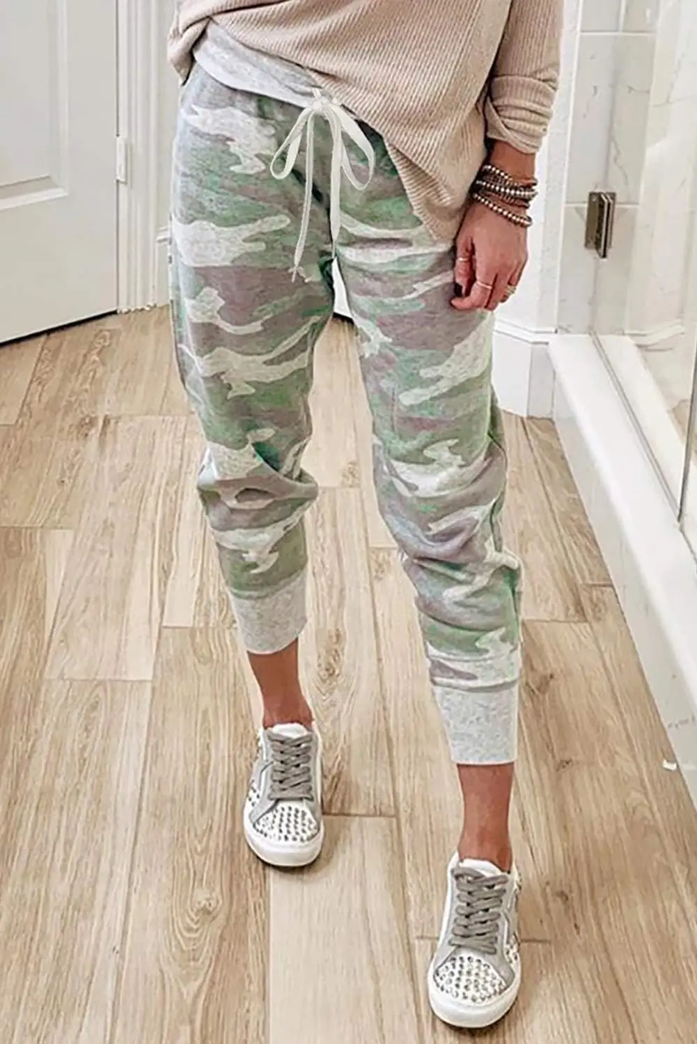 Y2K Camo Casual Drawstring Sweatpants Loose Fit Camo Cargo Pants for Women Fall Yoga Pants