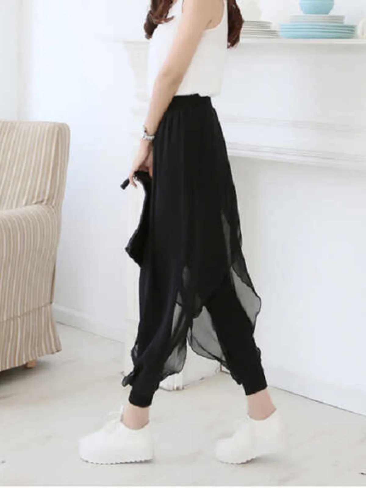 Casual Harlan Pants Black Gauze Splice Chiffon Elastic Waist Lantern Pants Draping Pants Fake Two-Piece Pants Korean Style