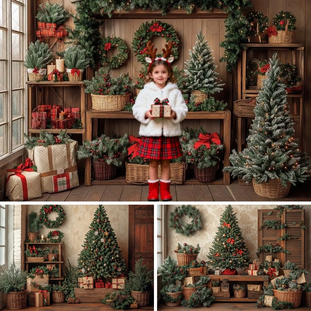 

Christmas Tree Room Photography Background Green Xmas Wreath Wooden Gift Booth Backdrop Decor Kids Family Photo Studio Props