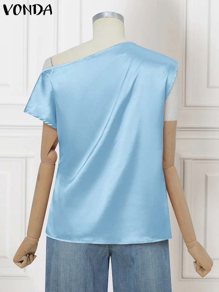 Plus Size 5XL VONDA Elegant Blouse Women Office Lady Shirts Summer Satin Top Off Shoulder Solid Tunic Short Sleeve Pleated Blusa