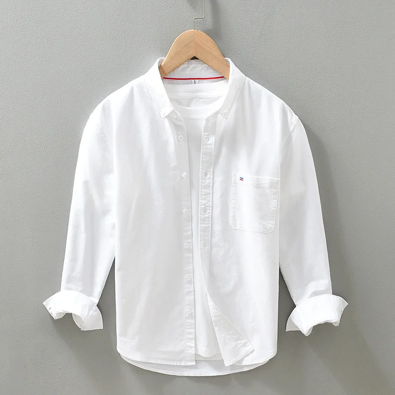 Men's Long Sleeve Oxford Casual Shirt Front Patch Chest Pocket Regular-fit Button-down Collar Thick Work Shirts