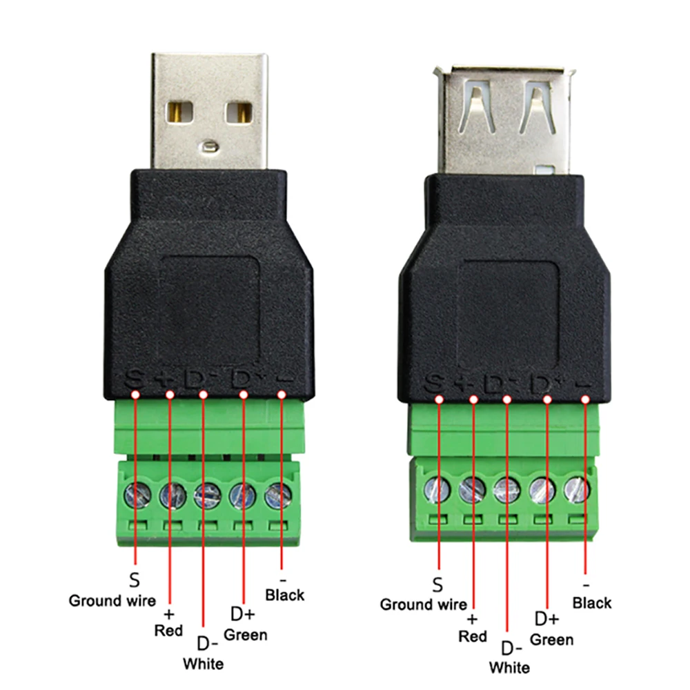 1pcs USB 2.0 Solderless Plug USB Male/Female to 5 Pin Screw Connector USB Jack with Shield USB2.0 Turn Screw Terminal Plug