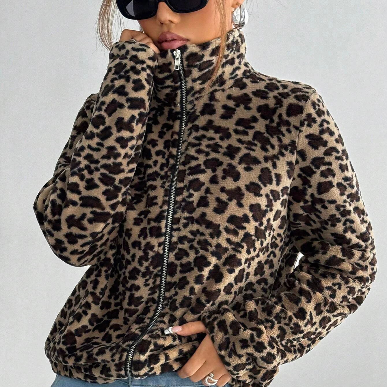 IG Women Leopard Print Stand Collar Zip-Up Fuzzy Jacket, Long Sleeve Warm Fluffy Short Coat, Winter Casual Street Outerwear