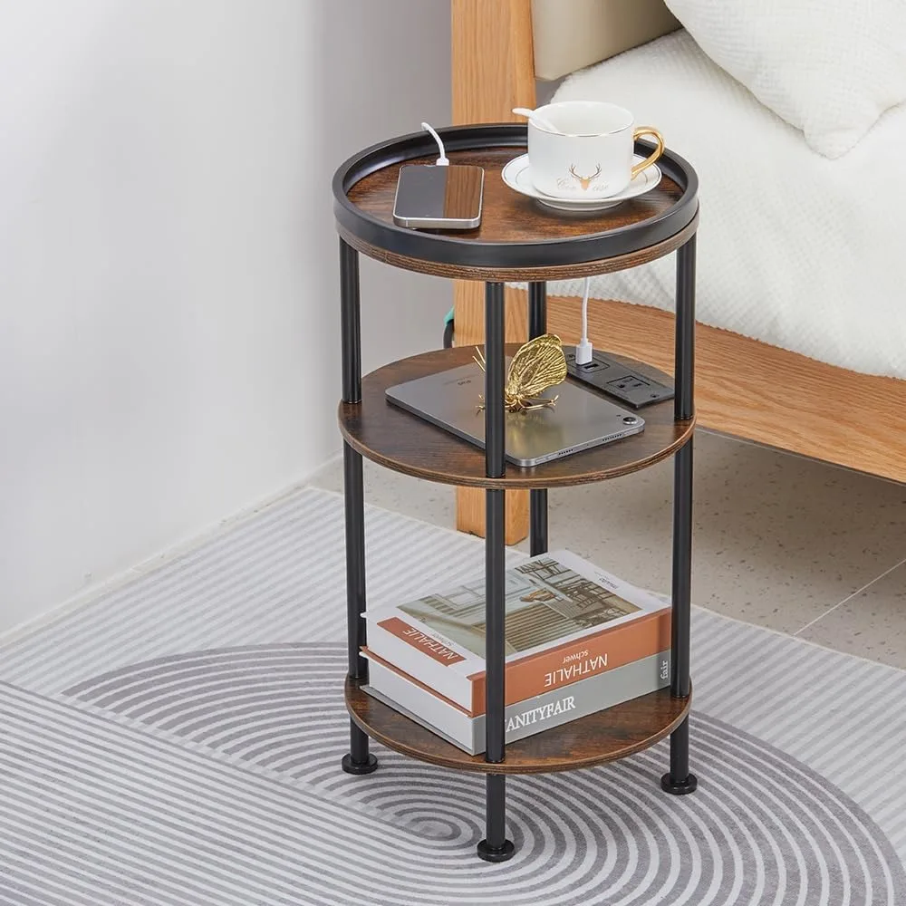 3-Tier Round Side Table with Charging Station, USB Ports & Outlets for Small Spaces, Rustic Brown