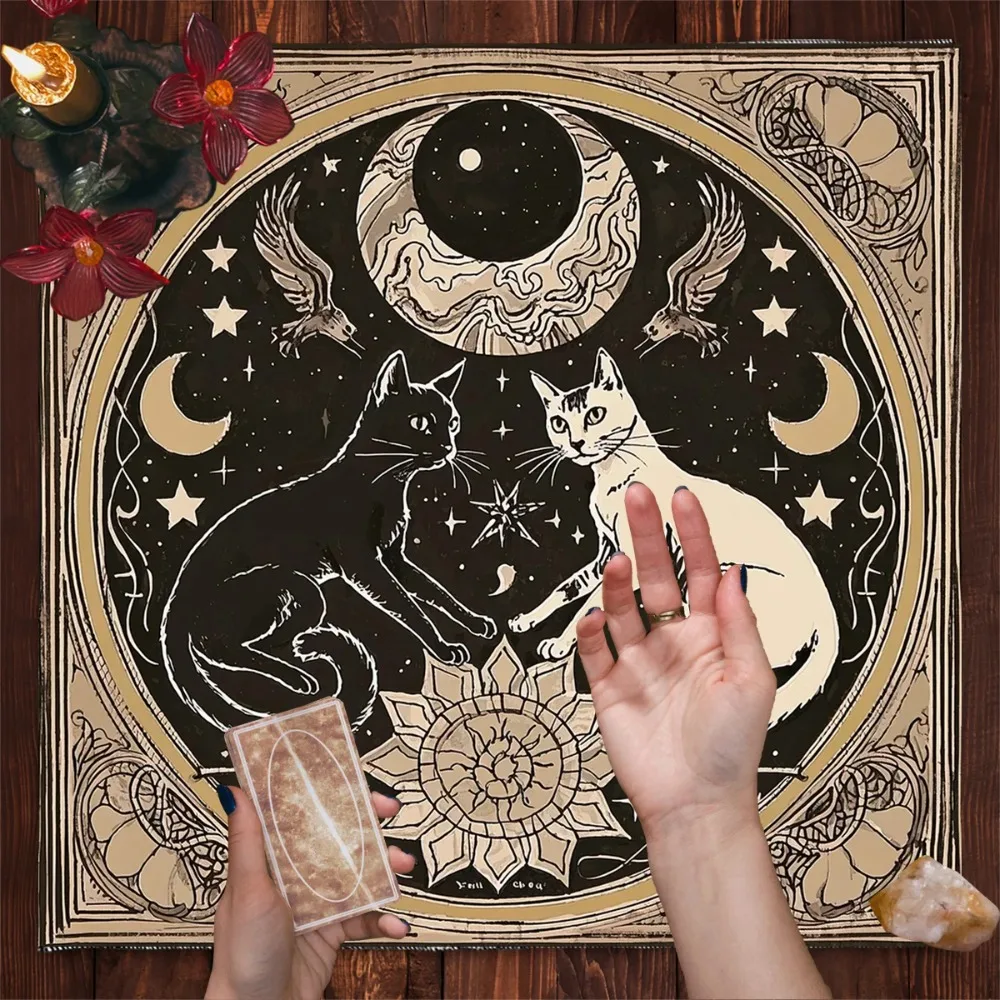 Mystical Moon Cats Altar Cloth With Floral Starry Sky Divination Tarot Table Cloth Witch Home Decor  Tarot Mat Game Card Pad