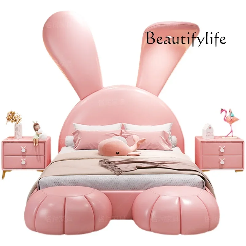 

Creative rabbit children's bed, pink girl princess bed light luxury cartoon function solid wood leather bed