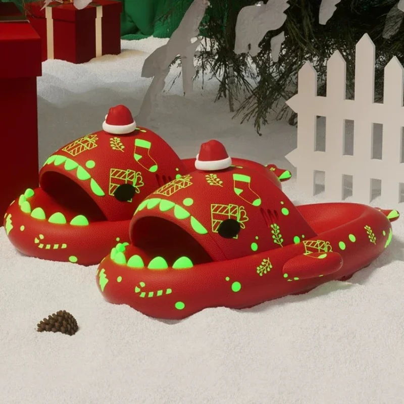 2024 Christmas Shark Slippers for Men and Women Creativity Gifts Luminous Sandals Female Flip Flops Men Pumpkin Halloween Slides