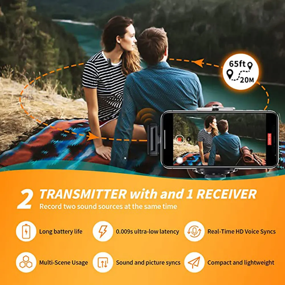 Microfono Lavalier Wireless Mini microfono portatile per registrazione Audio Video con riduzione del rumore per iPhone Android con scatola di ricarica