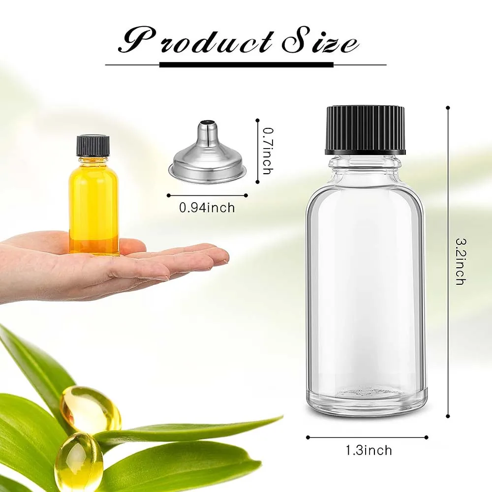 Small Glass Containers with Lids Funnel for Vanilla Extract Essential Oils, Boston Round Bottle, Clear Sample, 1oz