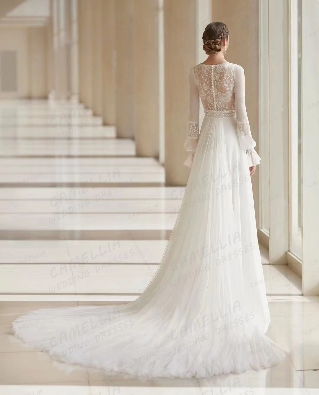 Abiti da sposa semplici una linea Appliques di pizzo Sexy scollo A V abiti da sposa da donna manica lunga in Chiffon elegante abiti da principessa