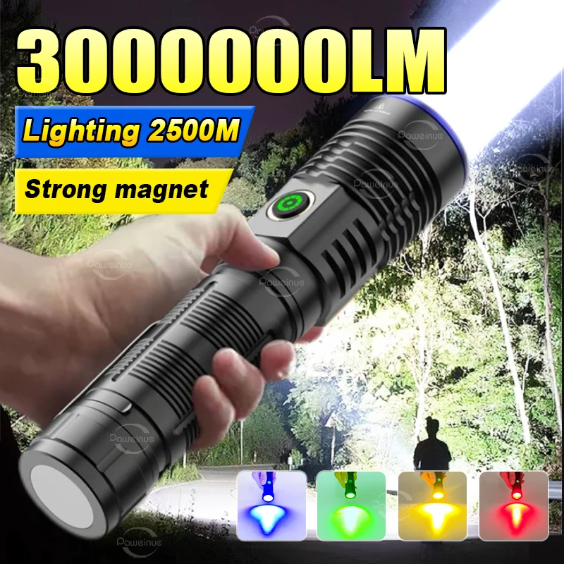 Outdoor LED 5 Color Strong Light Flashlight Red/Green/Blue/White/Yellow Light Torch Zoom Hand Lantern for Camping Hiking Fishing
