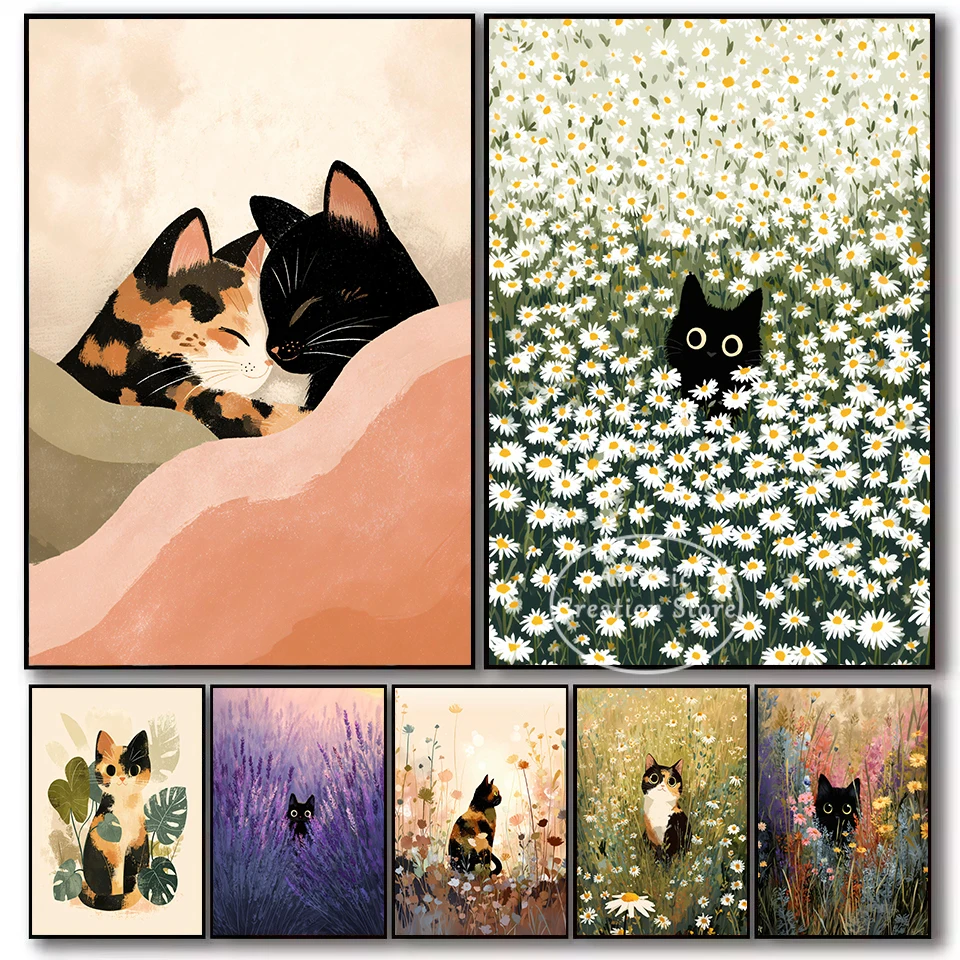 Romantic Cat Couple Black Cat in Lavender Field Cozy Bed Daisy Meadow Poster Canvas Painting Wall Art Pictures Home Decor
