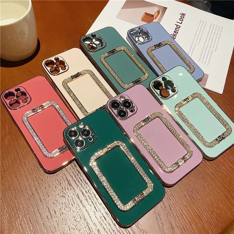 Korea Glitter Square Holder Phone Case For iPhone 16 15 14 13 12 11 Pro Max Mini Plus Crystal Metal Ring Stand Shockproof Cover