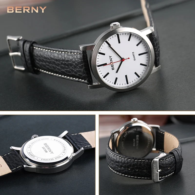 BERNY Men Railway Watch Quartz Clock Male Leather Strap Waterproof mens watches top brand luxury Fashion Railroad Wristwatch