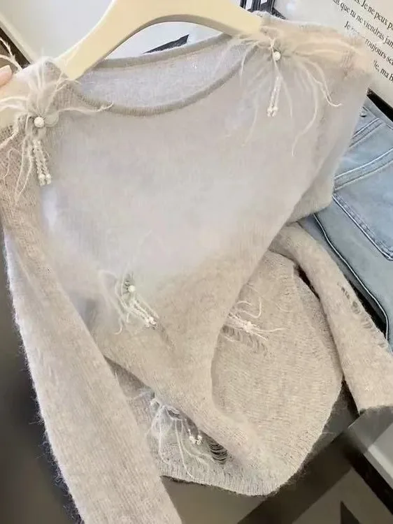 

Women's Autumn Winter Knitted Hollow out Wool Blend Sweater Faionable Versatile French Sle Long Sve Color Top