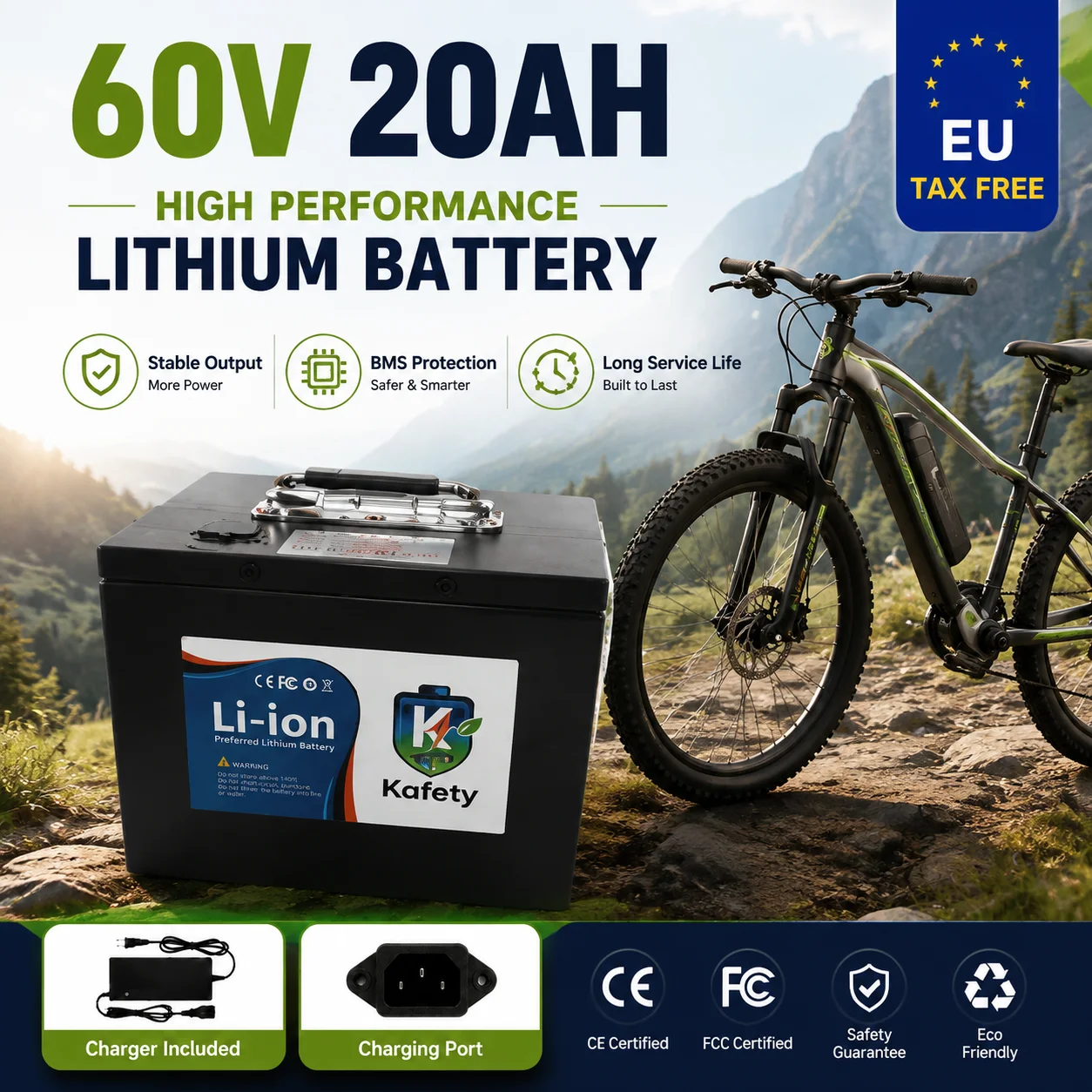 Image of Elektroroller 60V 18650 Lithium-Ionen-Akku 20AH mit integriertem BMS-Schutz und Ladegerät, kompatibel mit 500W-3000W Antriebsmotor.
