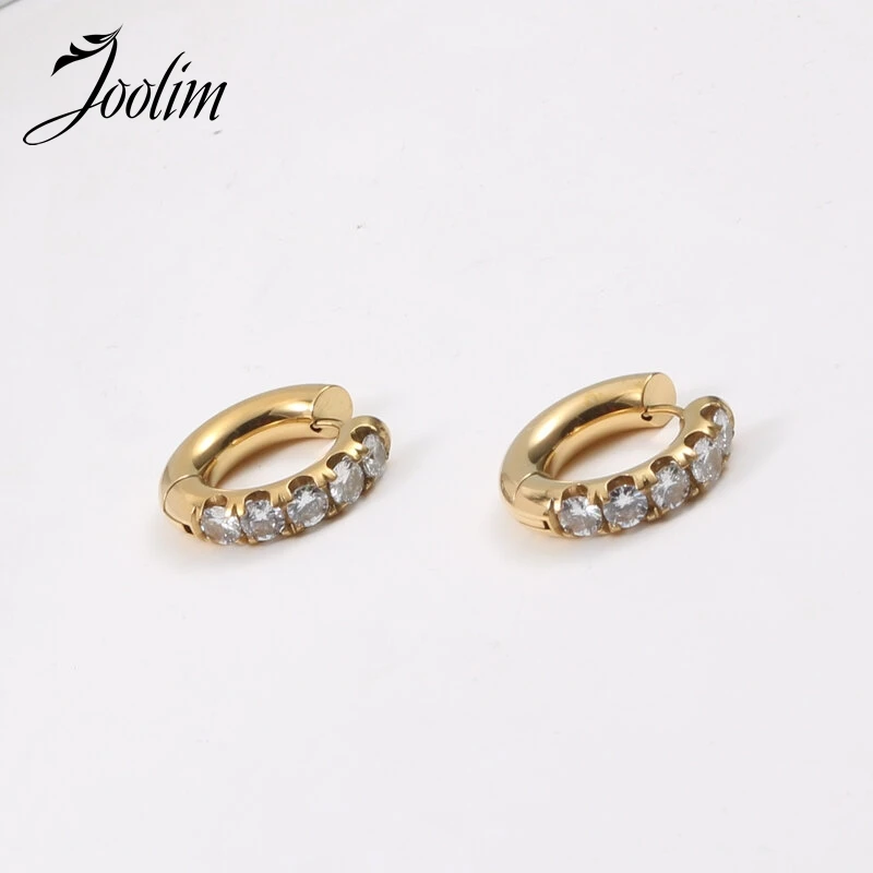 

Joolim Jewelry High End PVD Waterproof & Tarnish Free Versatile Light Luxury Zircon Huggie Stainless Steel Earring for Women