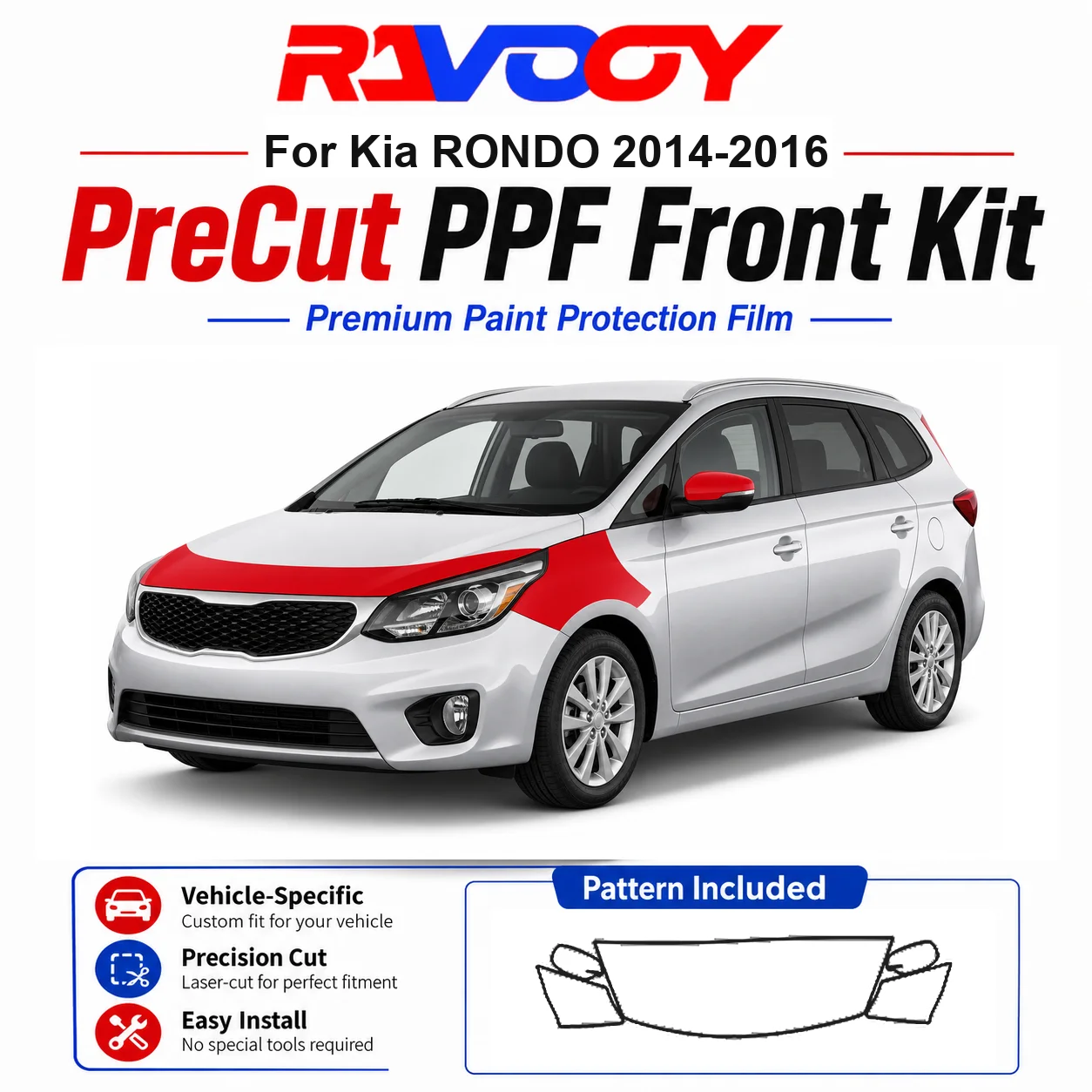 

8.5mil TPU Precut PPF Kit For Kia RONDO 2014-2016 - Hood, Partial Fenders & Full Mirror Set - Self-Healing Gloss Clear Bra Film
