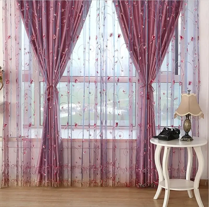 European Window Purple Rose Embroidered Bedroom Curtains Floral Sheer Voile Romantic Pink Living Room Curtians Tulle 256&30