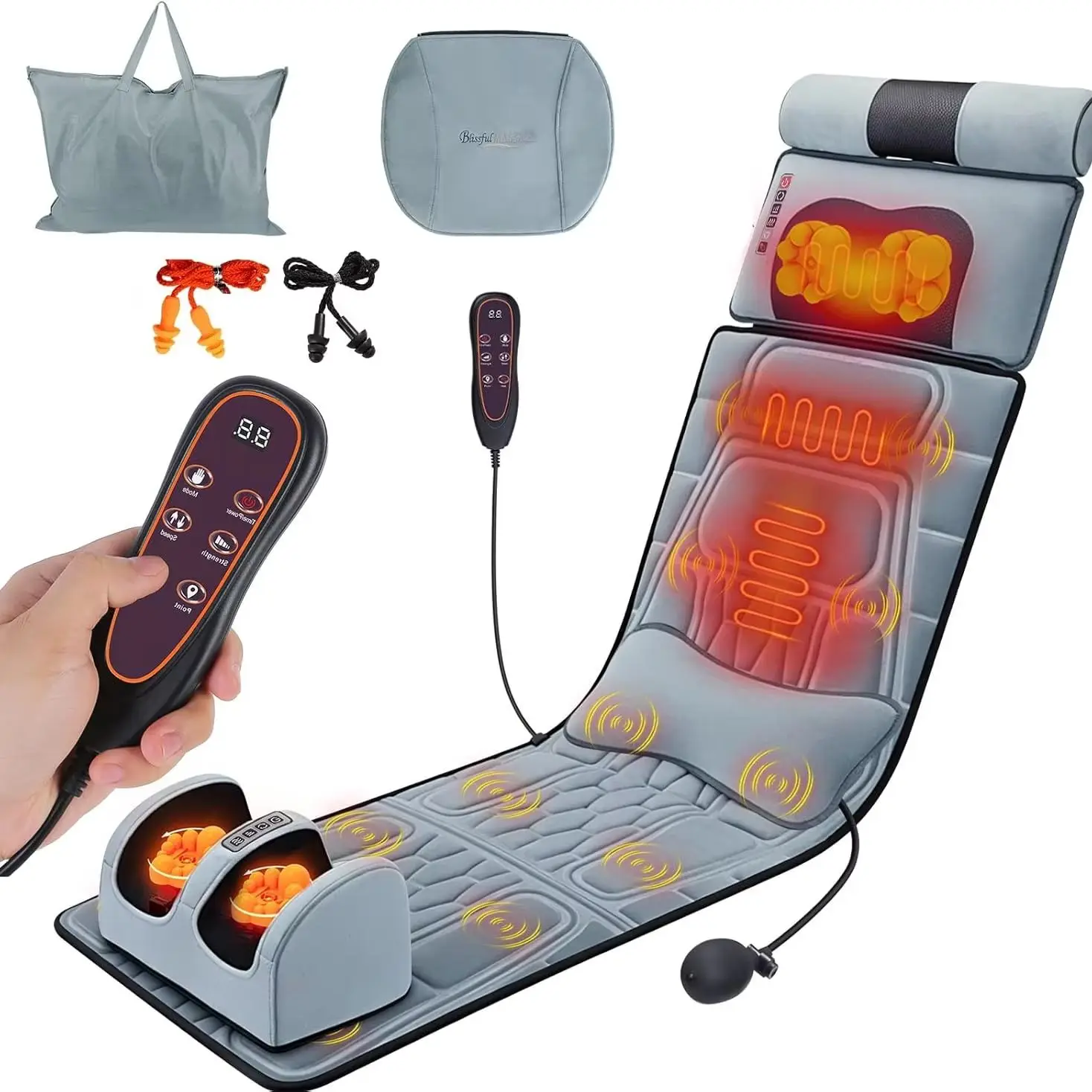 Full Body Massage Mat with Heat, Massager Pad with 10 Vibrating Nodes, 9 Modes, 3 Heating Levels with Detachable Neck Foot Massager, Head Pillow&Inflatable Lumbar Pillow, Anti-Slip for Bed/Sofa