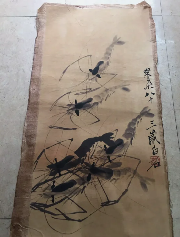 Chinese Old Scroll Qi Baishi - Shrimp Painting Rice Paper Painting Slice