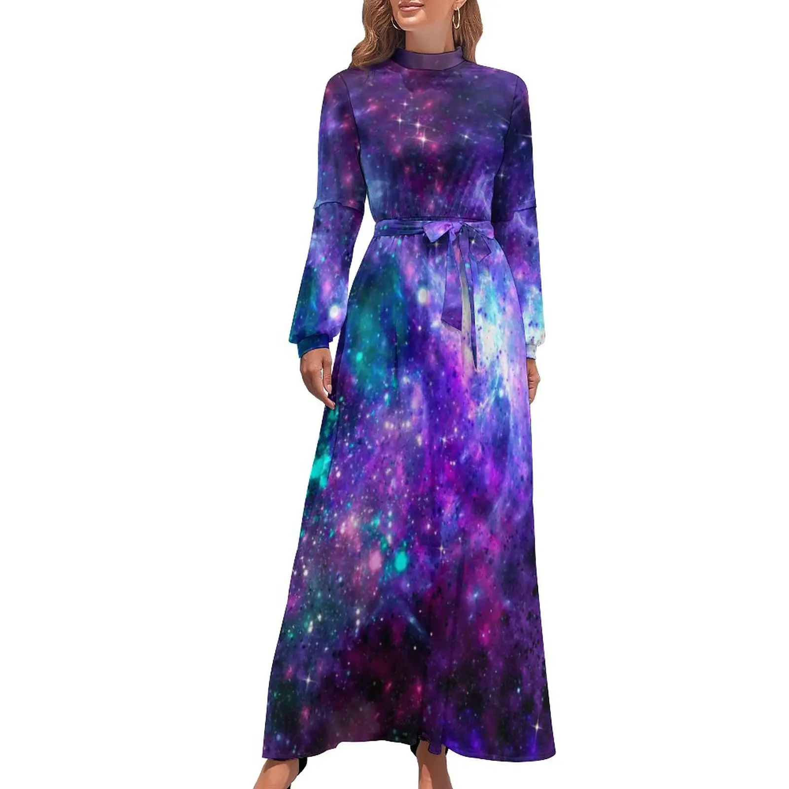 Fantasy Galaxy Dress Cosmic Space Purple Teal Pink Party Maxi Dress Street Wear Beach Long Dresses High Neck Design Vestido