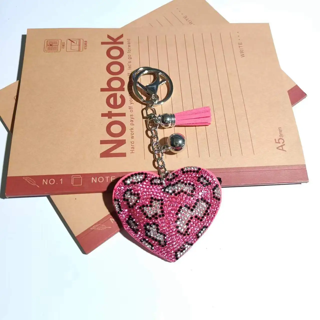 Peach Heart  Shape Leopard Spot Crystal Keychain Pendant WithTassell and Metal Keyring Wholesale Price Key Accessories