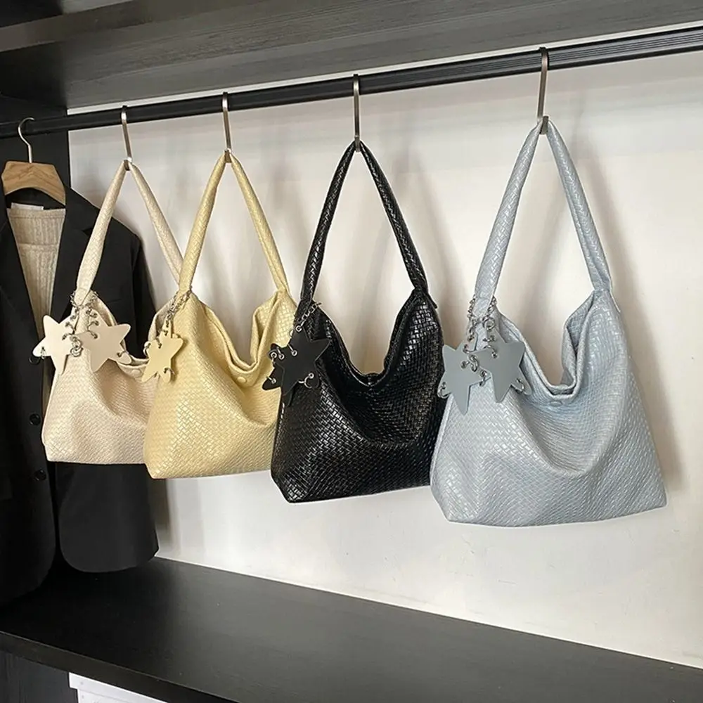 

Fashion Star Pendant Weave Tote Bag Large Capacity Underarm Bag Pu Handbag Korean Bucket Bag Silver Shoulder Bag Girls
