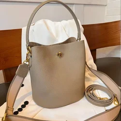 Genuine Leather New soft cowhide bucket bag wide shoulder straplarge capacity contrasting color handbag commuting women's bag