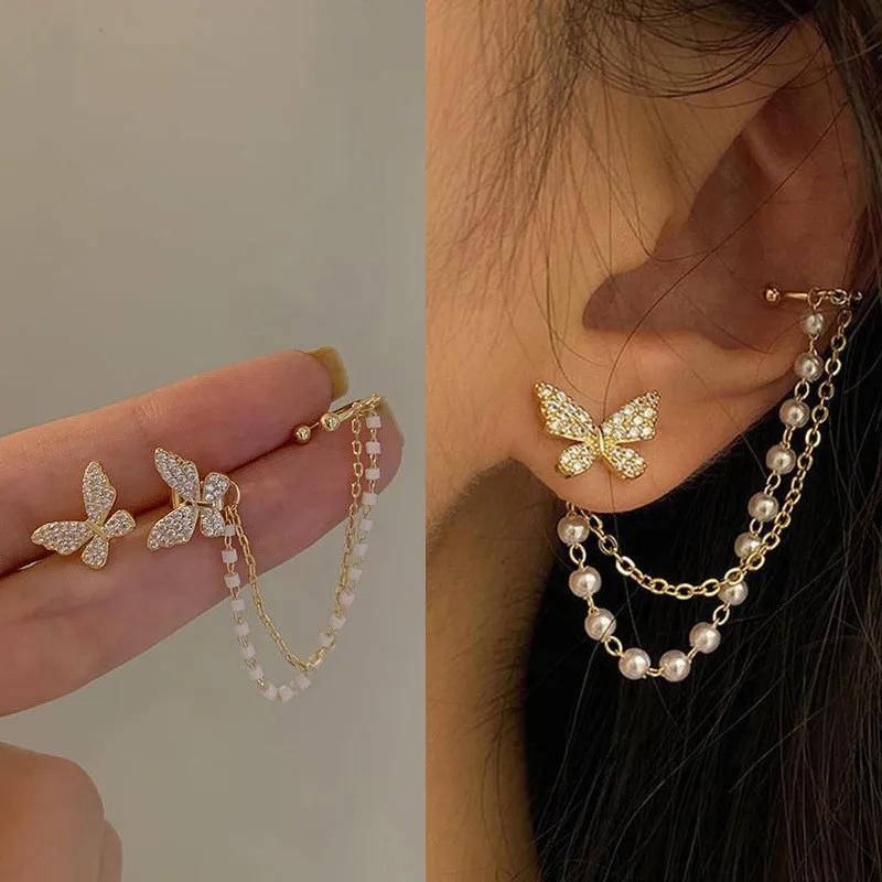 Butterfly Ear Studs para mulheres, brincos na moda coreana, corrente Earclip, jรณias borla, presente de aniversรกrio