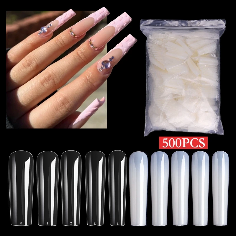 

Y1UF 500pcs/set XXL Long Coffin Press On Tips Full Tips for Extra Long Clear And Natural Full Cover False Nails