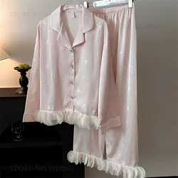 Luxury Women's Sleepwear 2PCS Pajamas Set French Style Ruffled Ice Silk Trouser Pijamas Suit Loungewear Spring New Home Clothes