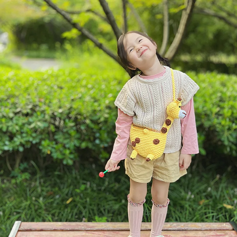 Bolso de lana tejido a mano para niños y mujeres, bolsa cruzada con dibujos de jirafa bonita, ideal para madres y niñas