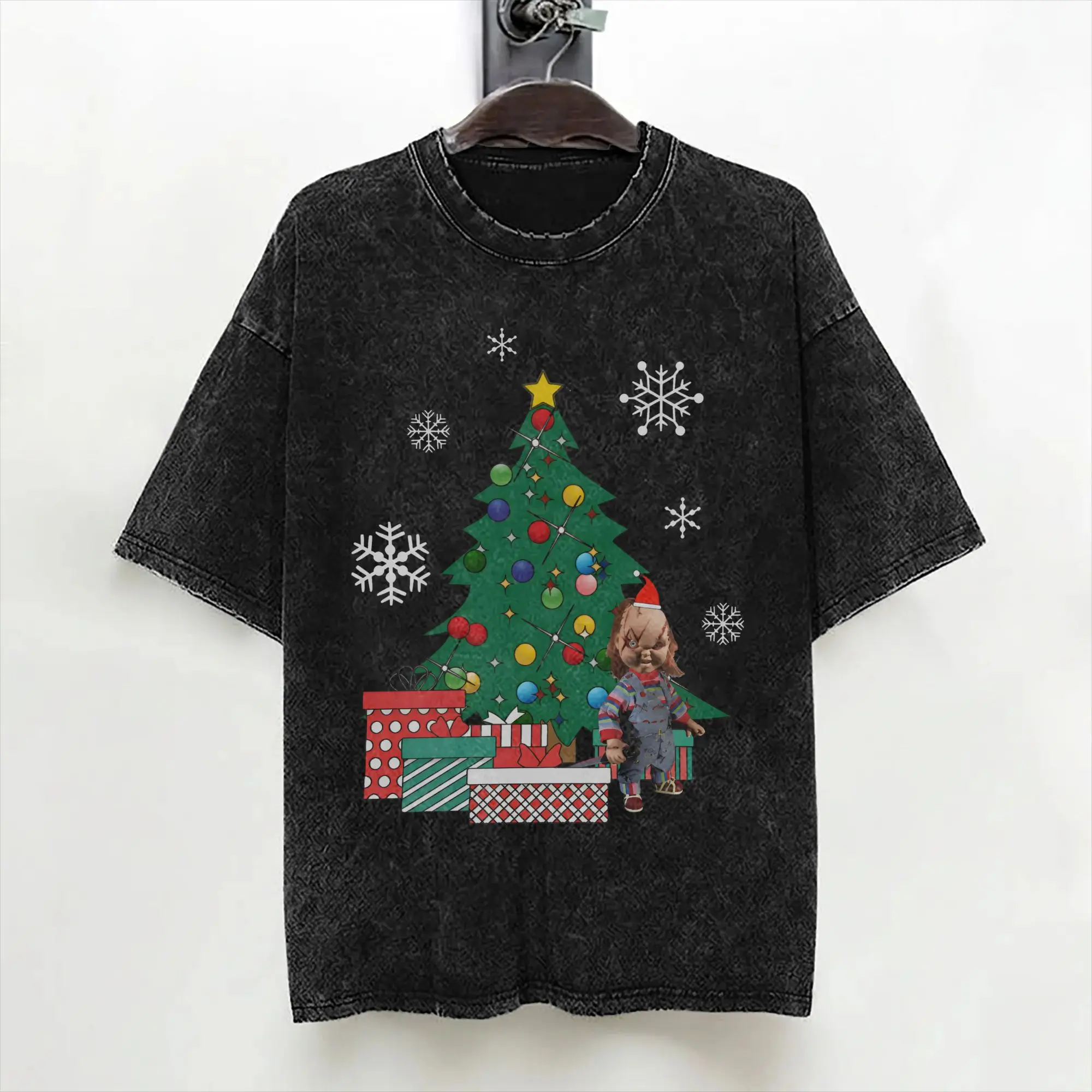 Cartoon Chuckys Merry Christmas T Shirts Washed 100% Cotton Oversize T-Shirts Halloween Men Women Streetwear Tee Shirt