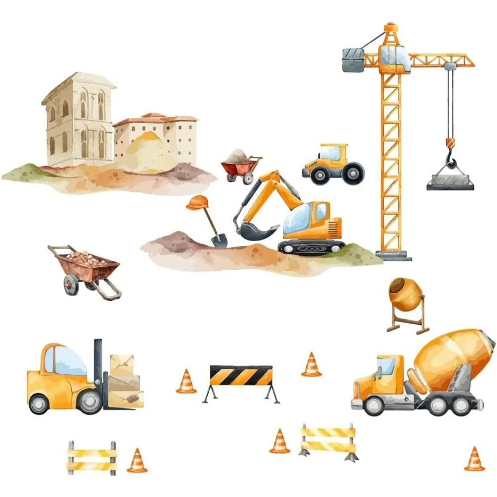 Construction Wall Stickers Vehicles Wall Decals Tractor Excavator Crane DIY Vinyl Decor Stickers Watercolour Wall Art Decals