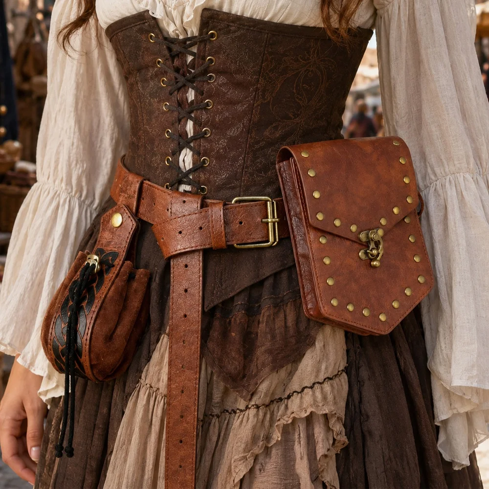 3‑Piece Vintage Medieval PU Leather Belt, Waist Pouch & Drawstring Bag Set, Witch Ranger LARP Role‑Play Accessories, Renaissance
