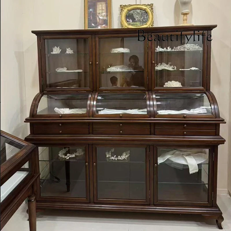 

British retro solid wood jewelry display cabinet antique jade transparent display jewelry curved glass high cabinet