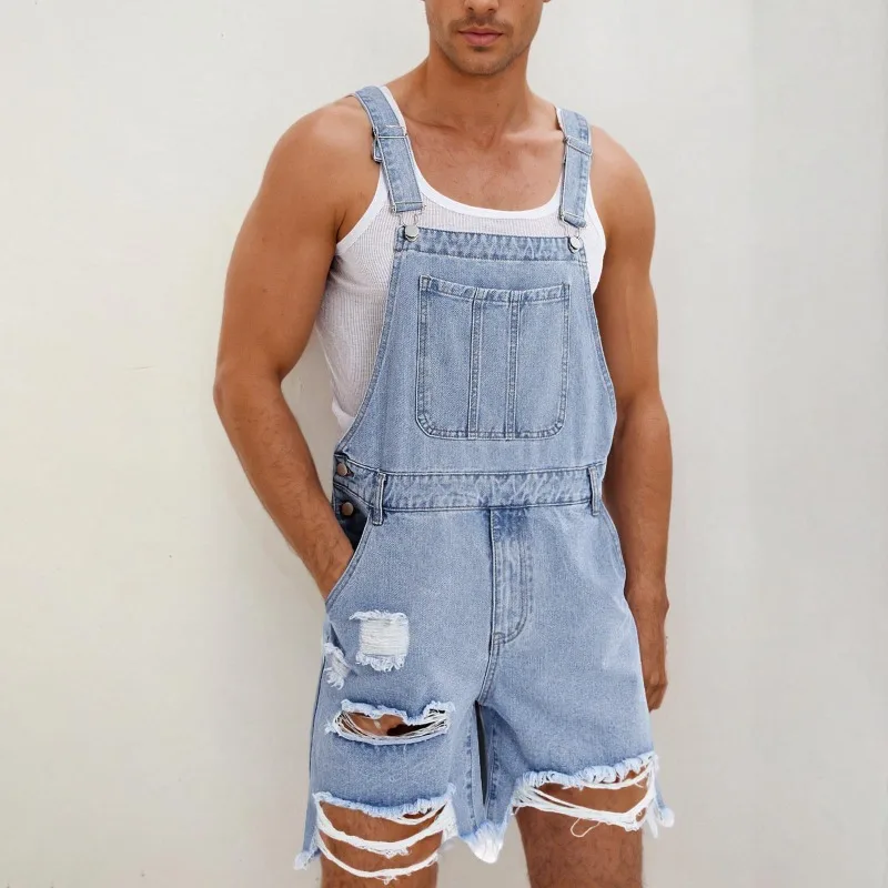 

Pocket Decor Ripped Holes Denim Strappy Jumpsuit Overalls for Men