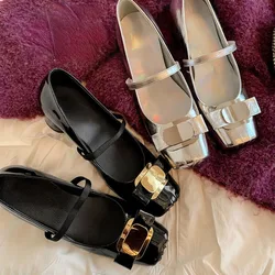 Minimalizm solidna skóra bydlęca kokardka Mary Janes Retro kwadratowe Toe mieszkania mokasyny moda damska eleganckie buty na średnim obcasie Zapatos Mujer Feminino