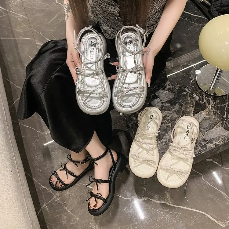 Comfort Shoes for Women Beach Sandals Block Heels Open Toe 2024 Summer Suit Female Beige Chunky Peep Girls Low Silver Black Bow