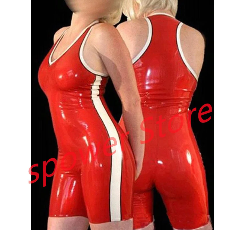

Handmade Women Latex Catsuit Red with White Rubber Bodysuit Tight Jumpsuit Customize Cosplay Costumes