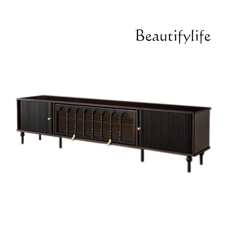 

French retro solid wood TV cabinet small apartment living room storage locker integrated black American light luxury