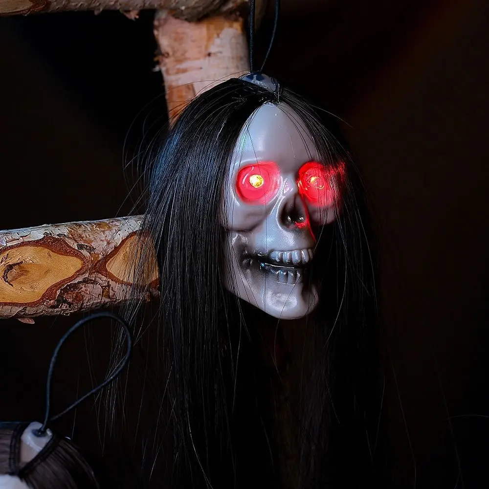 Plastic Halloween Hanging Ghost Long Hair LED Light LED Light-emitting Skeleton Red Blinking Eye Hanging Design