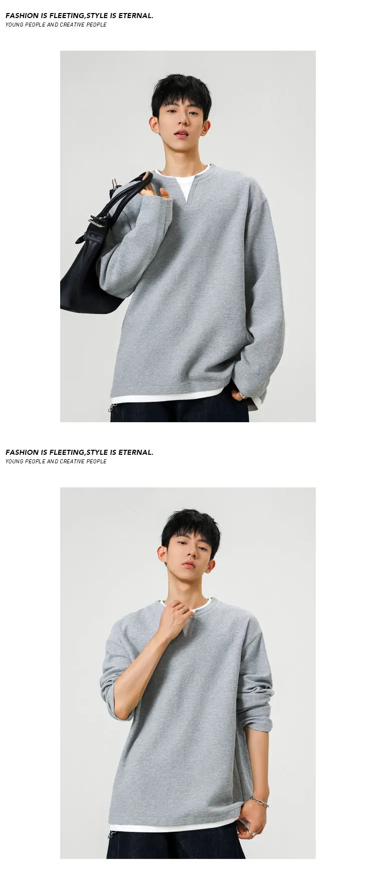 Leichter Waffelstrick-Pullover für Herren mit Reverskragen, Langen Ärmeln und Mock-Layer-Saum-Design, Jugend-Outdoor-Freizeit-Essential – Detail 5